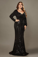 Curveins Elegant Plus Size V-Neck Floral Long Sleeve Sequin Bodycon Dress
