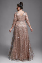 Curveins Plus Size Elegant Round Neck Sequin Floral Waist-Fit Maxi Dress