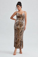 Curveins Plus Size Leopard Print Velvet Cami Slit Elegant Maxi Dress