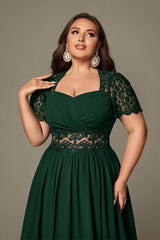 Curveins Plus Size Strapless Embroidered Short Sleeve Waist Cinch A-Line Maxi Dress