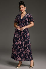 Curveins Plus Size Velvet Surplice Vintage Plain Maxi Dress