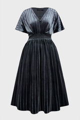 Curveins Plus Size V-Neck Batwing Sleeve Pleated A-Line Velvet Maxi Dress