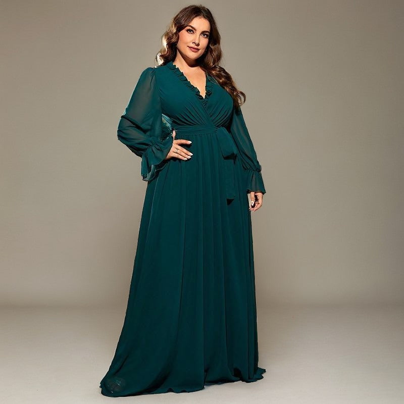 Curveins Plus Size V-Neck Long Sleeve Belted Waist Maxi Dress