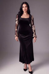 Curveins Plus Size Square Neck Metallic Velvet Mermaid Hem Glamorous Maxi Dress