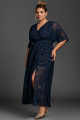 Curveins Plus Size Ruffle Sleeve Knot Side Split Hem Mesh Maxi Dress
