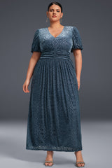 Curveins Plus Size V-Neck Velvet Plain Maxi Dress