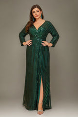 Curveins Plus Size V-Neck Sparkling Striped Sequin Evening Maxi Dress