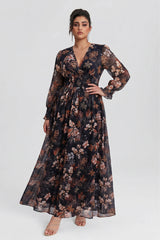 Curveins Plus Size V Neck Long Sleeve Floral Cinched Waist Maxi Dress