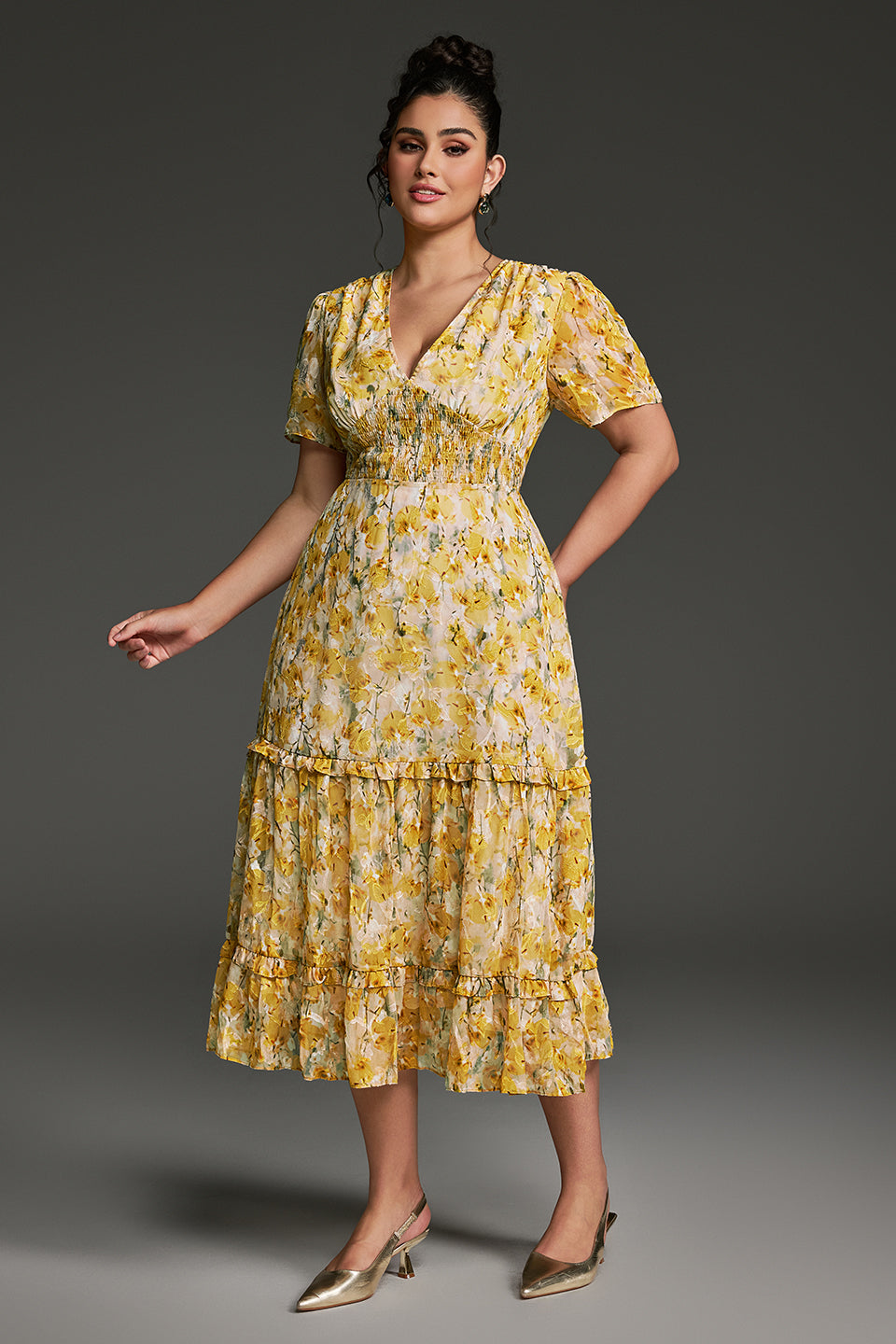 Curveins Plus Size V-Neck Floral Ruffle Sleeve Maxi Dress