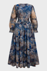 Curveins Plus Size V Neck Long Sleeve Floral Waist Maxi Dress