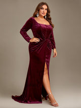 Curveins Plus Size Square Neck Long Sleeves Ruched Bodycon Maxi Dress