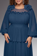 Curveins Plus Size Crew Neck Puff Sleeve Faux Two Piece Panelled Maxi Dress