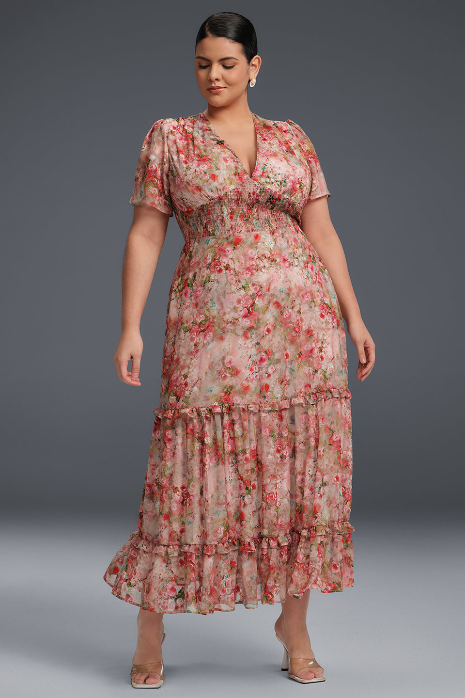 Curveins Plus Size V-Neck Floral Ruffle Sleeve Maxi Dress
