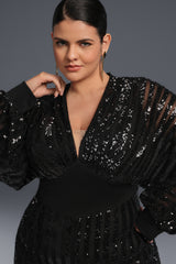 Curveins Plus Size V-Neck Striped Sequin Long Sleeve Slit Maxi Dress