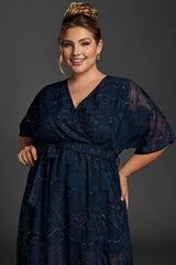 Curveins Plus Size Ruffle Sleeve Knot Side Split Hem Mesh Maxi Dress