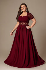 Curveins Plus Size Strapless Embroidered Short Sleeve Waist Cinch A-Line Maxi Dress