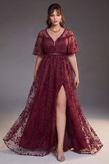 Curveins Plus Size V Neck Batwing Sleeve Floral Print Side Slit Flowy Maxi Dress