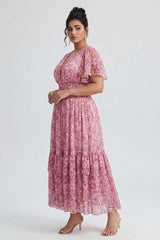 Curveins Plus Size Floral Smocked Waist Ruffle Sleeve Maxi Dress