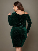 Curveins Plus Size Off Shoulder Solid Sequin Bodycon Midi Dress