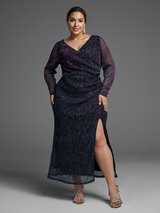 Plus Size Contrast Mesh Lantern Sleeve Wrap Dress