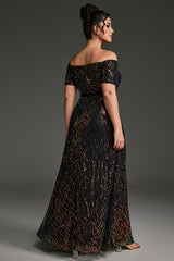 Curveins Plus Size Off-Shoulder Waist Cinched Striped Sequin Maxi Evening Dress
