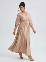 Curveins Plus Size Elegant V-Neck Sequin Panel Dress