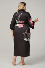 Curveins Plus Size Satin Floral Print 3/4 Sleeve Loose Pajama Set Sleepwear
