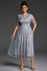 Curveins Plus Size V-Neck Ruffle Sleeve Embroidered Maxi Dress