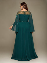 Curveins Plus Size Round Neck Long Sleeve Cinched Waist Maxi Dress