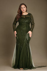 Curveins Plus Size Round Neck Long Sleeve Sequin Bodycon Maxi Dress