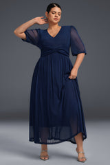 Curveins Plus Size V-Neck Short Sleeve Ruffle Hem Maxi Dress-Pink