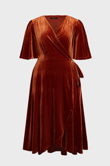 Curveins Plus Size Wrap V-Neck Belted Asymmetrical Hem Velvet Maxi Dress