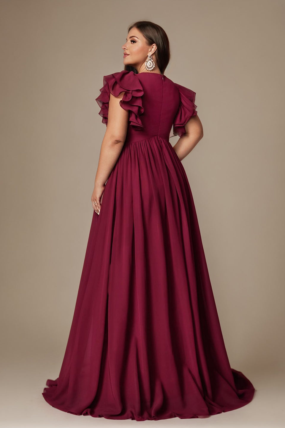 Curveins Plus Size V-Neck Ruffle Sleeve Split A-Line Maxi Dress