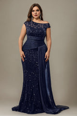 Curveins Plus Size One Shoulder Sleeveless Embroidered Sequin Patchwork Bodycon Maxi Dress