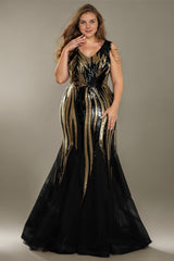 Curveins Plus Size V Neck Sleeveless Striped Sequin Elegant Maxi Dress