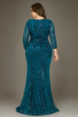 Curveins Plus Size V Neck Long Sleeve Sequin Floral Pattern Elegant Maxi Dress