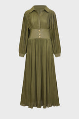 Curveins Plus Size Long Sleeve Polo Neck Button Pleated Waist Maxi Dress