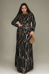Curveins Plus Size Round Neck Long Sleeve Sexy Sequin Maxi Party Dress