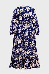 Curveins Plus Size V Neck Long Sleeve Printed Waist Defined Elegant Casual Maxi Dress
