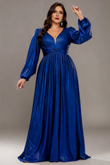 Curveins Plus Size V-Neck Long Lantern Sleeves Classic Evening Maxi Dress