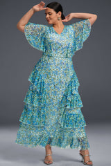 Curveins Plus Size V-Neck Floral Mesh Ruffled Maxi Dress