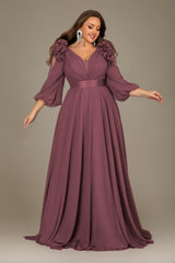 Curveins Plus Size Elegant V-Neck Batwing Sleeve Waist-Hugging Long Dress