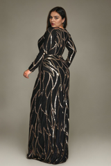 Curveins Plus Size Round Neck Long Sleeve Sexy Sequin Maxi Party Dress
