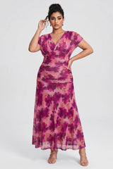 Curveins Plus Size V Neck Batwing Sleeve Cinched Waist Maxi Dress