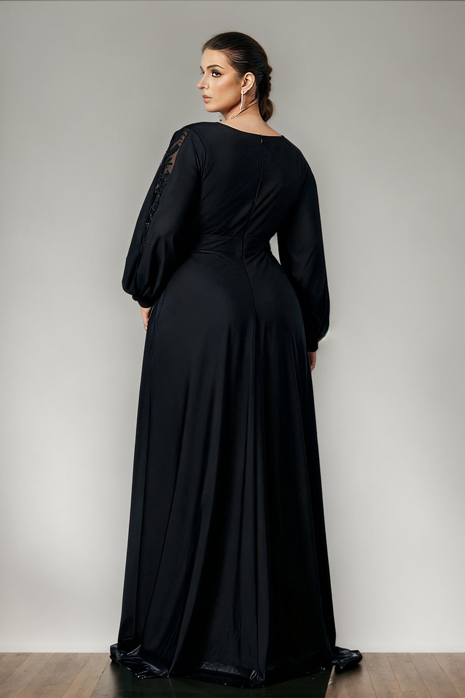 Curveins Plus Size V-Neck Lantern Embroidered Sleeve Split Waist Sequin Maxi Dress