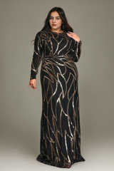 Curveins Plus Size Round Neck Long Sleeve Sexy Sequin Maxi Party Dress