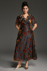 Curveins Plus Size Velvet Surplice Vintage Plain Maxi Dress