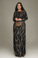 Curveins Plus Size Round Neck Long Sleeve Sexy Sequin Maxi Party Dress