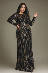 Curveins Plus Size Round Neck Long Sleeve Sexy Sequin Maxi Party Dress