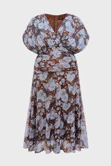 Curveins Plus Size V Neck Puff Sleeve Waist Defining Floral Print Elegant Maxi Dress